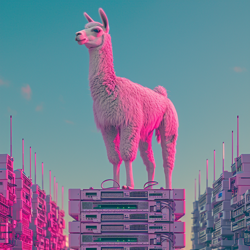 A llama stands atop GPU stacks, overseeing a tech environment, blending whimsy with modern computing in a surreal depiction.