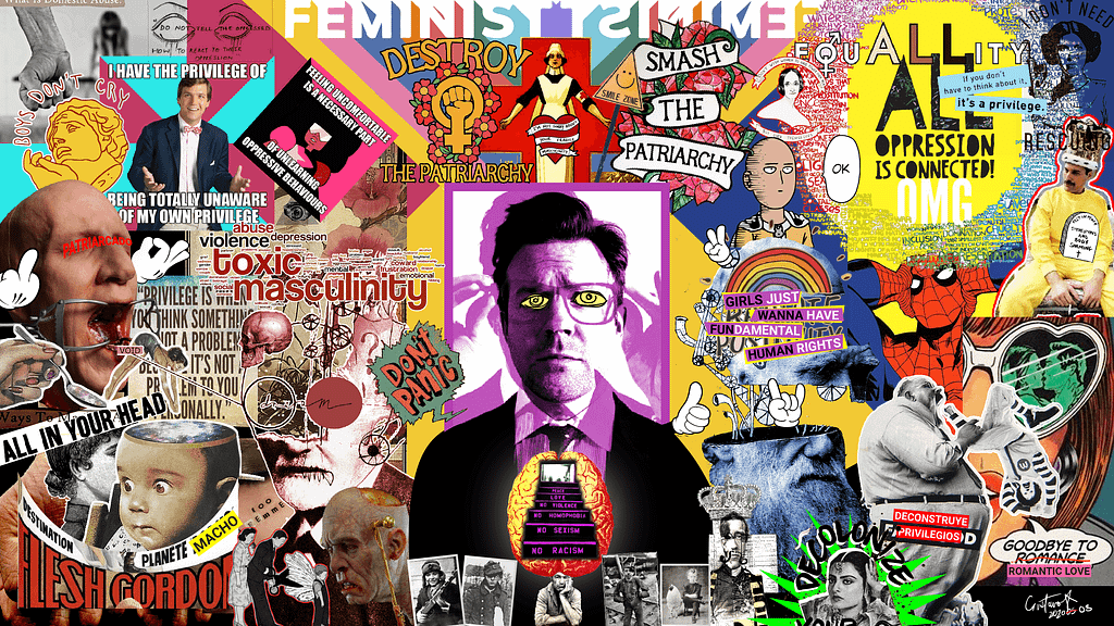 Collage formado por múltiples imágenes, memes y textos evocando la deconstrucción del privilegio masculino