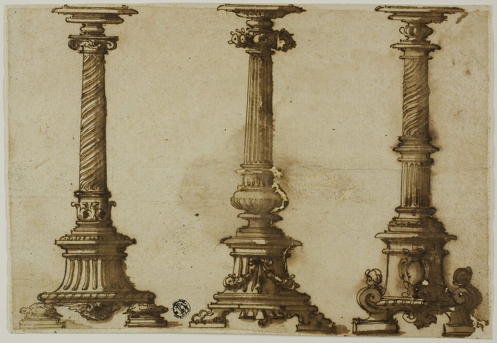 A historical drawing of three candelabras.