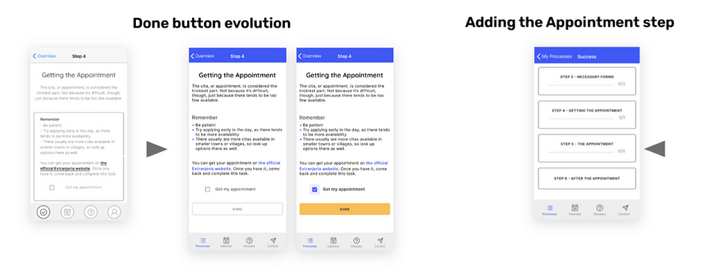 Screens depicting the changes made based on user testing