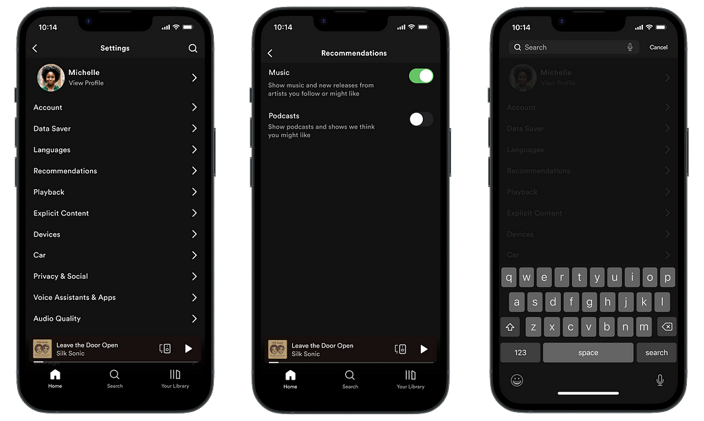 Mobile phone mockups of redesigned Spotify’s settings screen including a recommendations category and search function