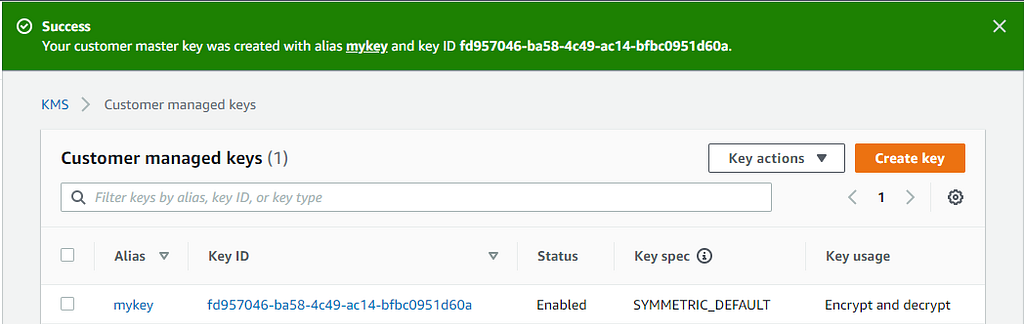 AWS KMS Key with alias ‘mykey’