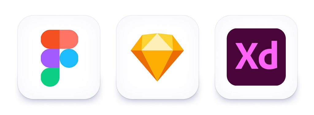 The logos of the three most common digital design tools “Figma”, “Sketch” and “Adobe XD” in a row.