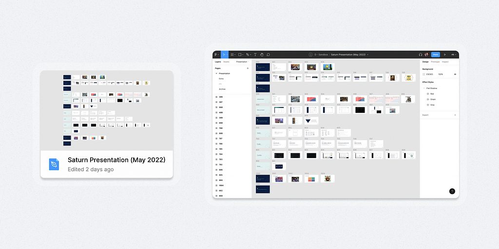 Screenshots of a Figma file thumbnail and file for a “presentation” type file