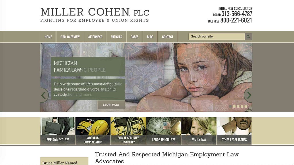 Screenshot of a law firm landing page with call-to-actions that don’t stand out.