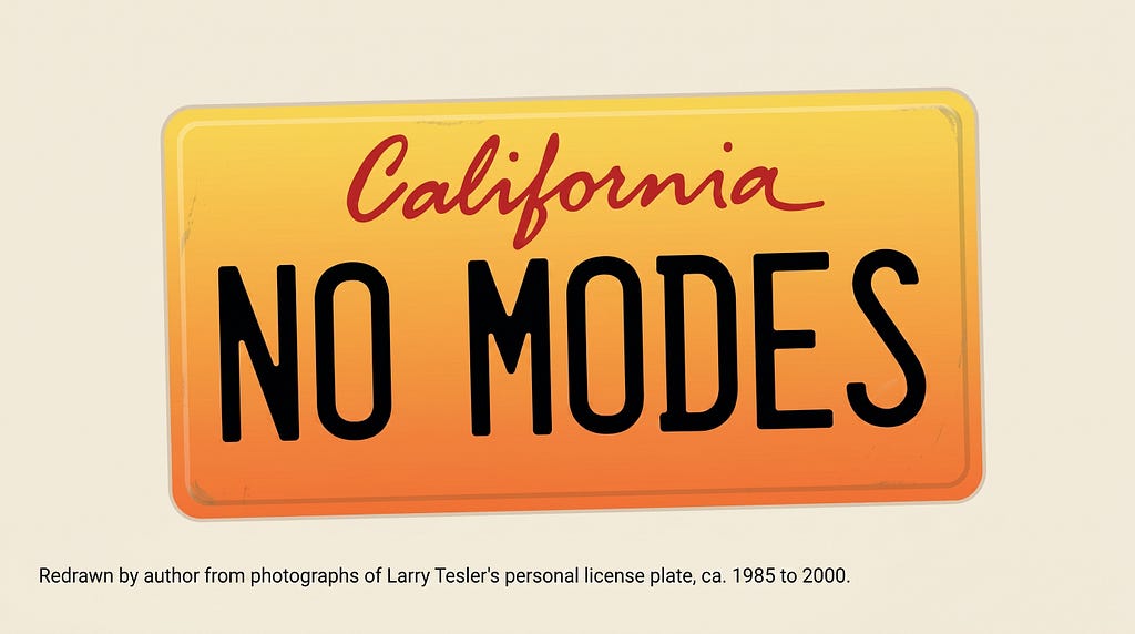 California Sunset-era license plate illustration with a yellow-to-orange gradient, the word California in red script at the top, and NO MODES stamped in tall black sans-serif capital letters across the center