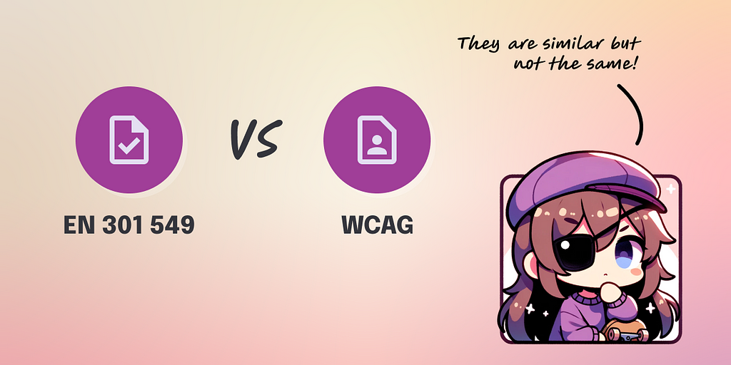 An anime girl looks at two symbols for EN 301 549 and WCAG and says: “They are similar but not the same!”.