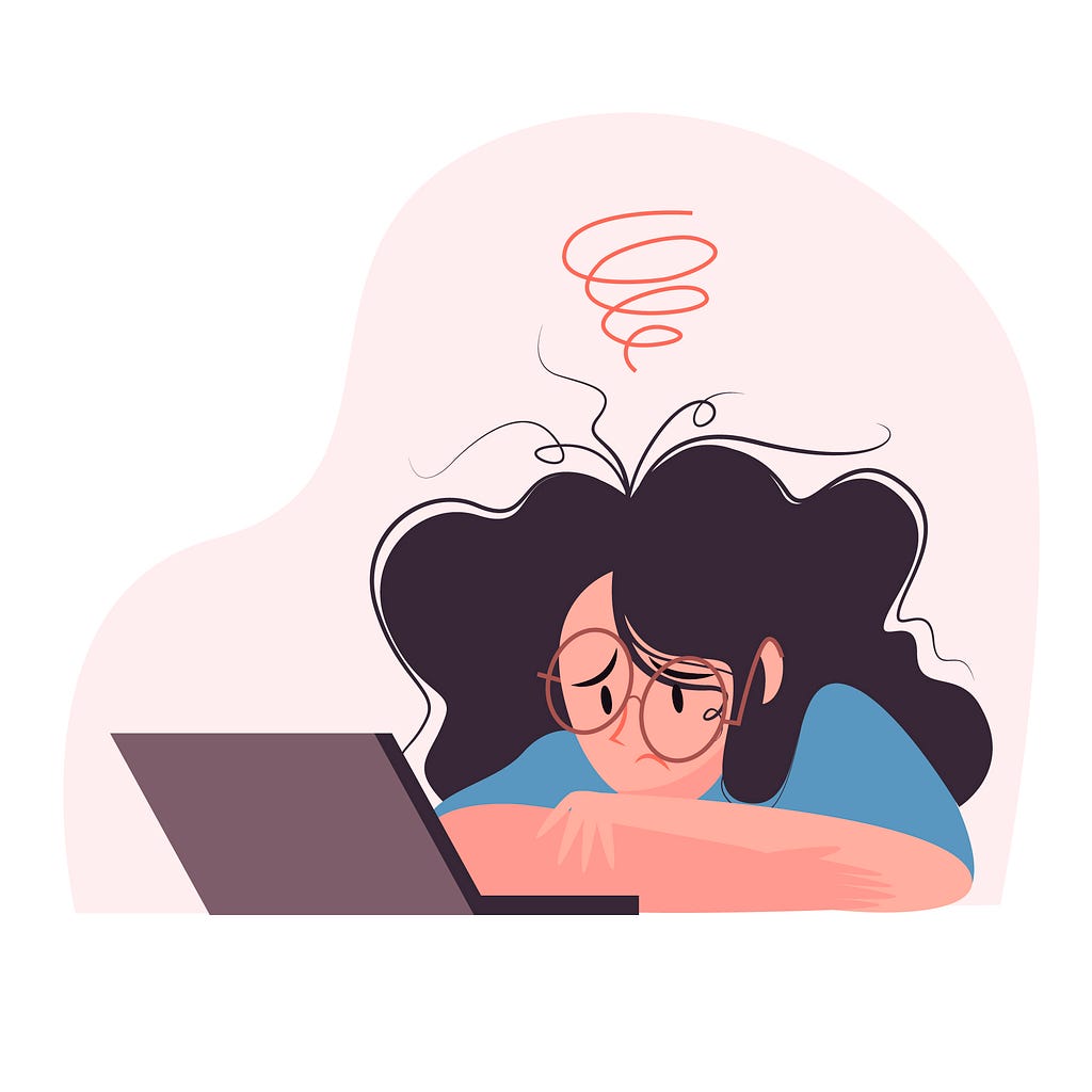 Cartoonish illustration of a girl with glasses working on her laptop, with a spiral over head indicating that she is stressed or flustered.