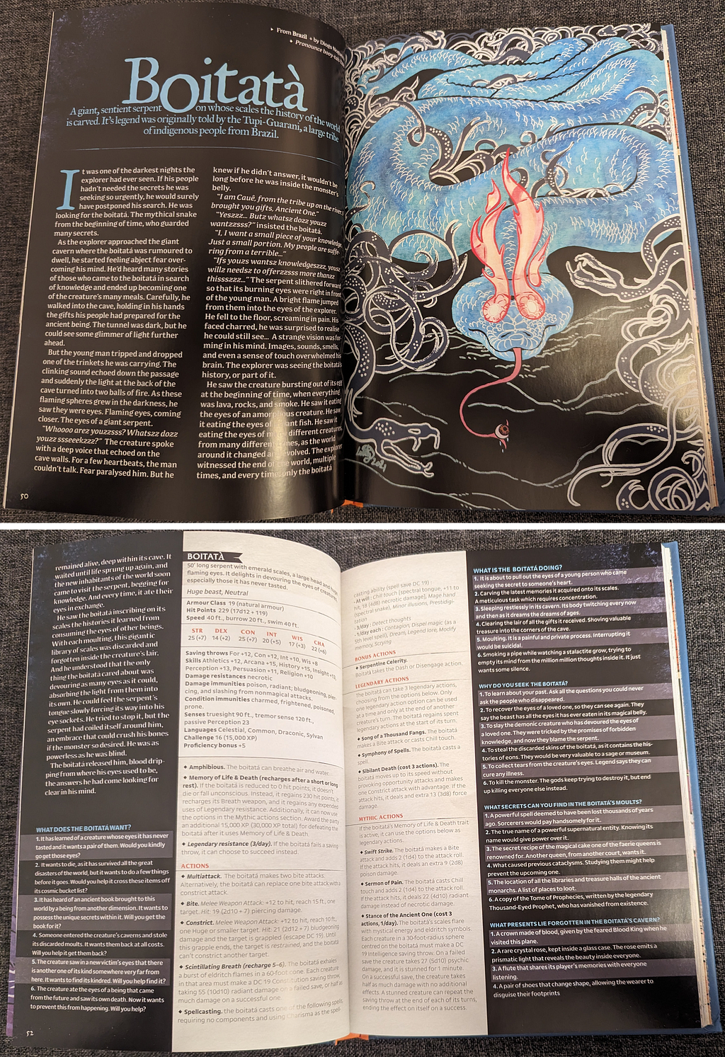 two spreads from A Folklore Bestiary on the boitata