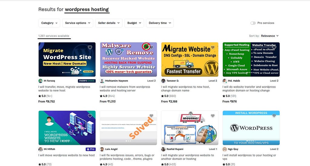 the screenshot of fiverr wordpress hosting gigs