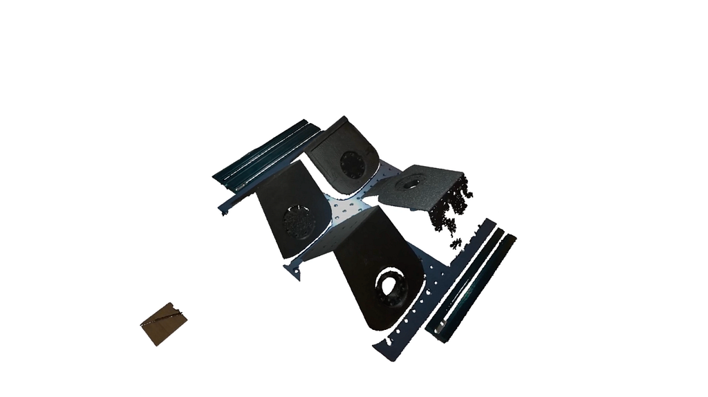 Unsegmented 3D point cloud of a factory scene before binary plane splitting and background removal.
