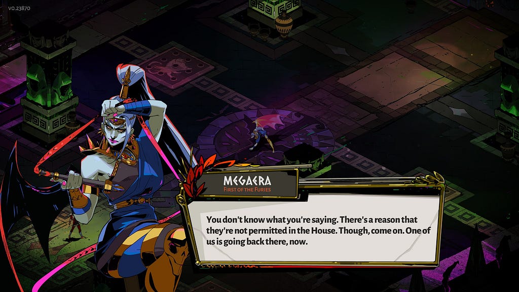 The harpy Megaera bantering with Zagreus before a fight between them