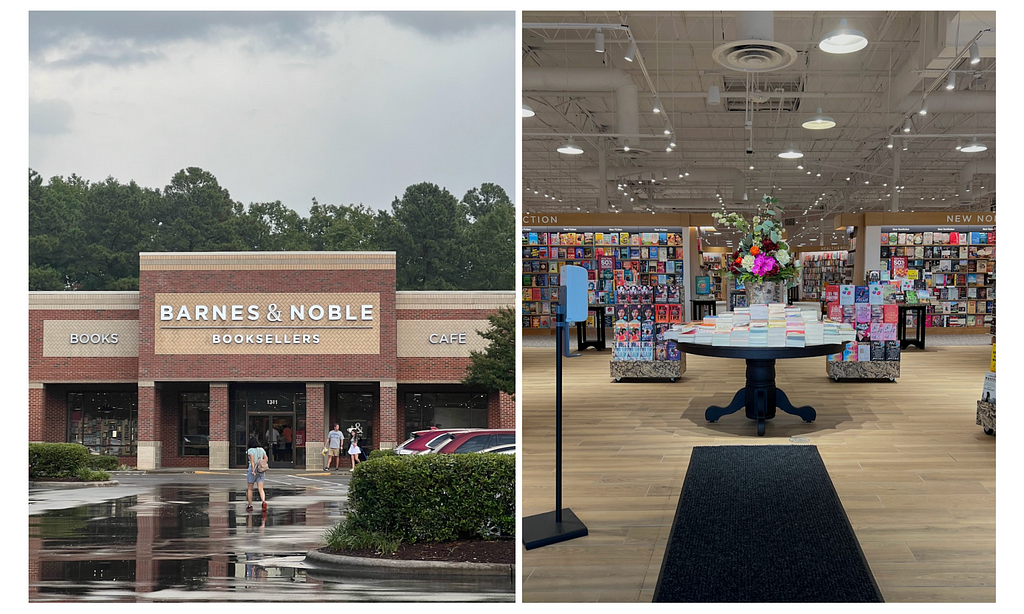 Images of the exterior and interior of a newly remodeled Barnes and Noble.