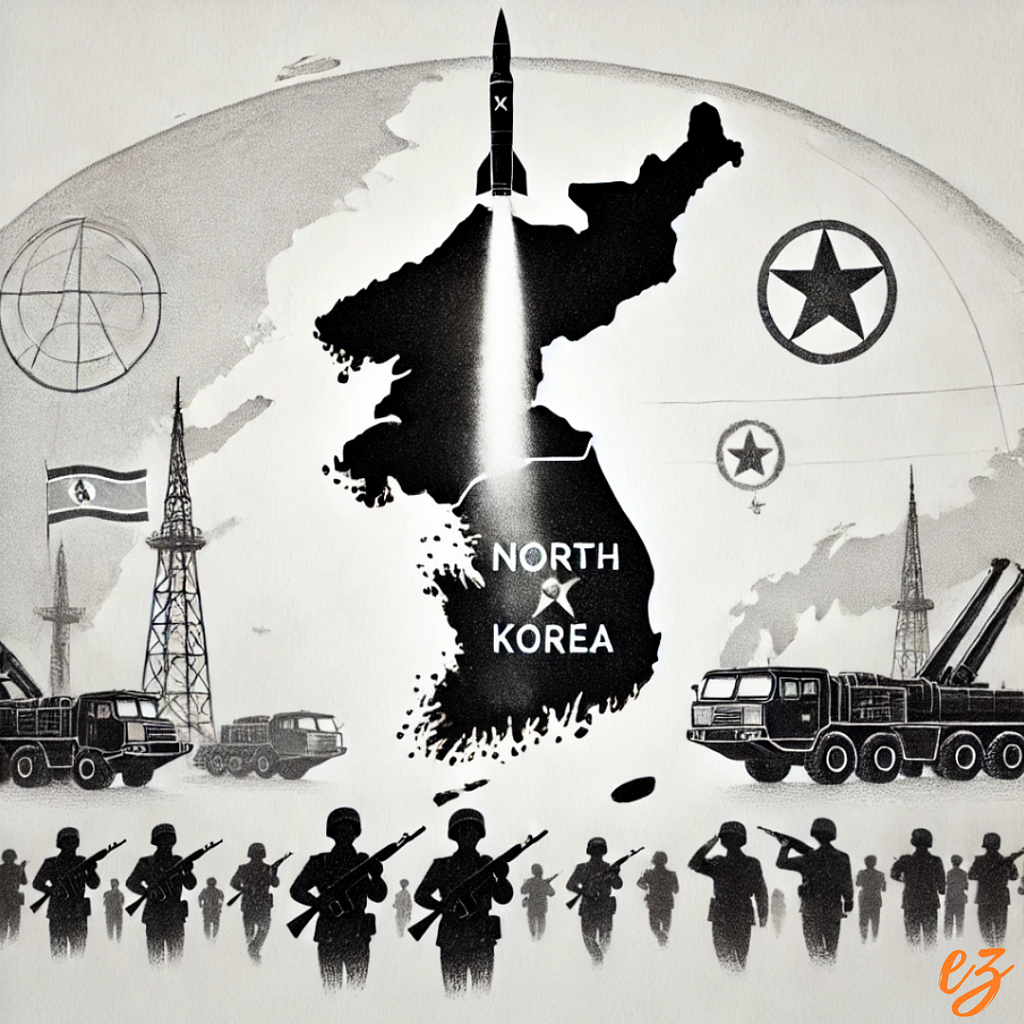 A black and white pencil sketch depicting North Korea’s military advancements with a map, missile launch, nuclear symbol, and military silhouettes.