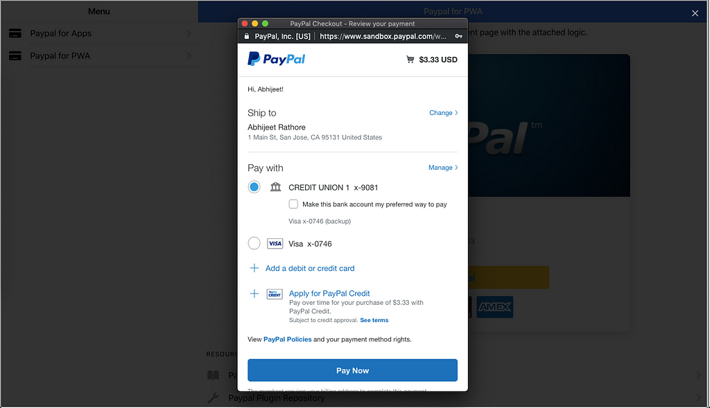 Payment options in your sandbox account — PayPal web implementation