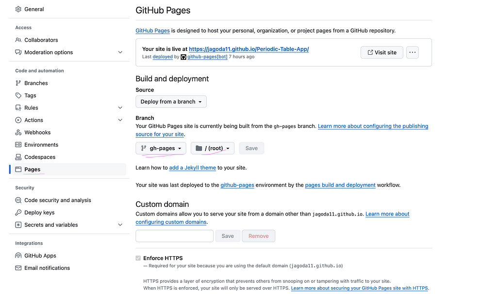 Screenshot showing the configuration of gh-pages in the GitHub user interface, made by the author