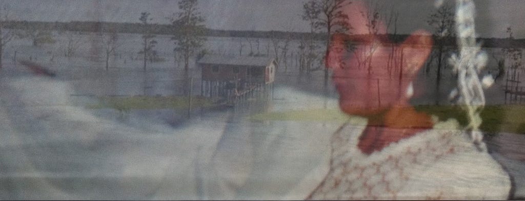 transparent head shot of bride superimposed of flooding Amazon river