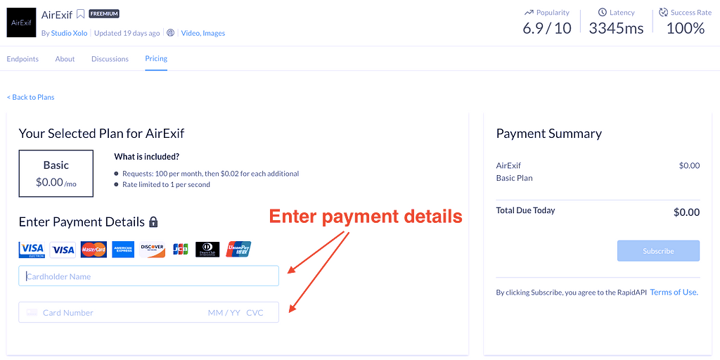 Enter payment details for AirExif