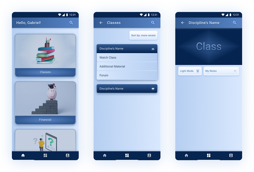 The User Interface of the home screen of an educational application, followed by the class selection screen, and finally the class screen, arranged horizontally.