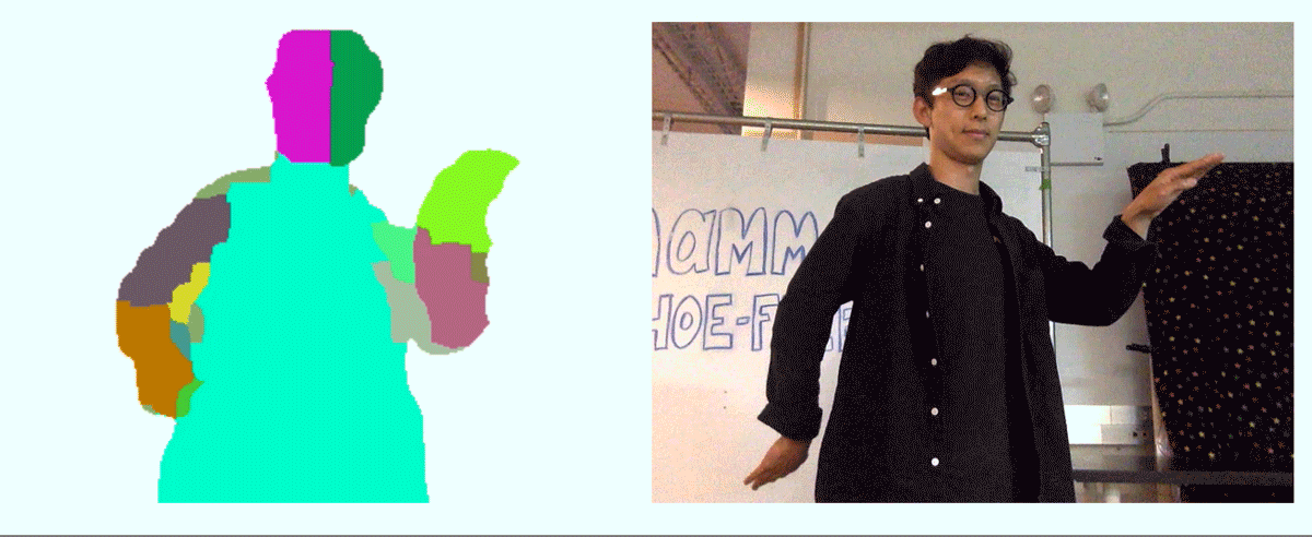 A gif of a person with glasses doing dance moves. To the left is a mirrored image with colorful body segmentations determined by machine learning.
