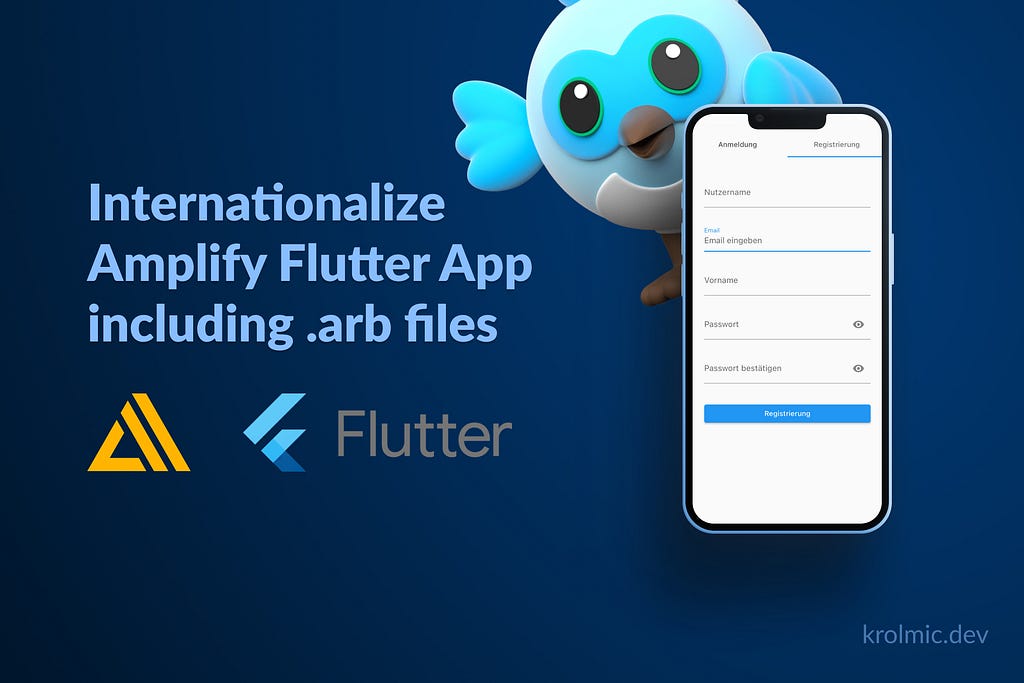 Title image including Amplify and Flutter logos, dash and sign-up screen using translations