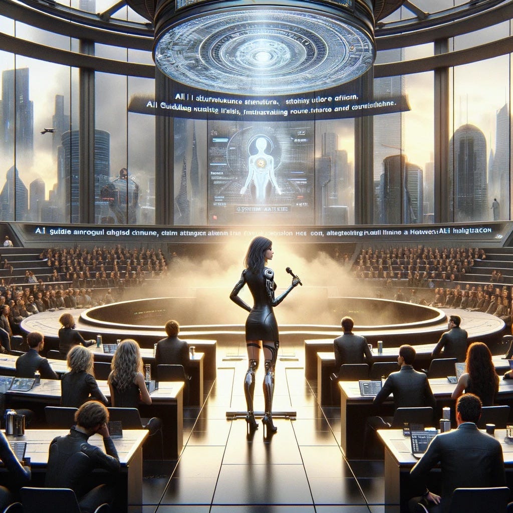 A futuristic assembly hall with a woman standing at the forefront addressing a crowd. She is an AI researcher named Valeria, depicted with a mixed aura of confidence and doubt. She has just finished a powerful presentation advocating for an AI-guided future, but now stands questioning her own beliefs. Behind her, a large screen displays a cryptic system alert, symbolizing her wavering conviction.