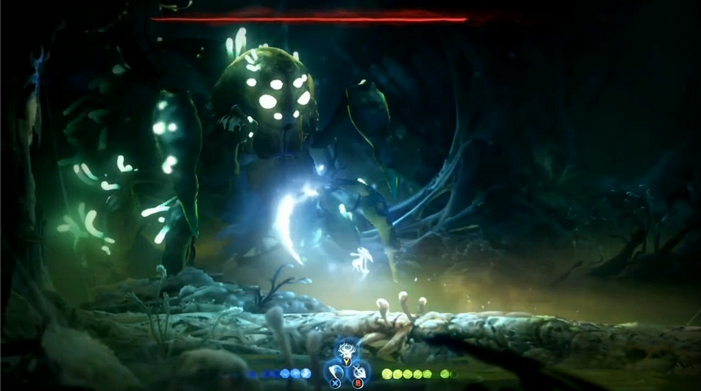 A giant black spider with green eyes towers over the player character, who is swiping a glowing sword at the boss.