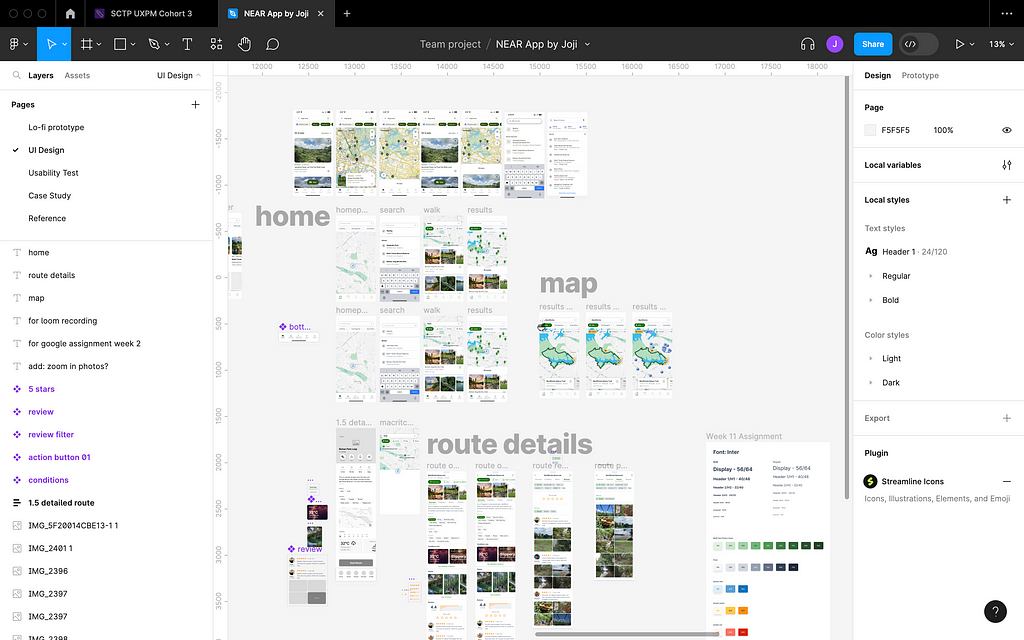 Figma workspace containing several frames of the author’s final UI design.