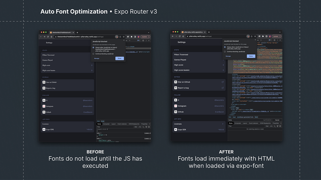 A before-and-after illustration of fonts loading immediately with HTML when loaded via expo-font in Expo Router v3, where they once did not load until the Javascript had been executed.