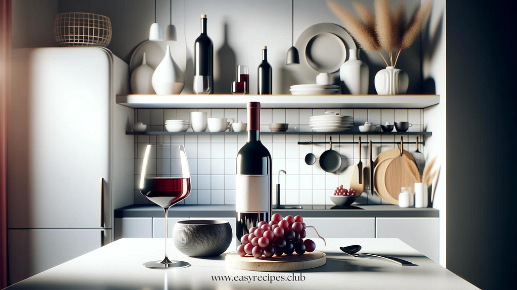 A modern and bright photo-realistic image of an elegant setup of red wine on a sleek, white kitchen counter. It includes a bottle of red wine, a glass half-filled with wine, and a few grapes artistically arranged. The background features contemporary decor elements with minimalist kitchenware and stylish accents. The scene is well-lit with natural and bright artificial light. The text “Red Wine: Sip Your Way to Passion” is overlaid in an eye-catching, bold font.