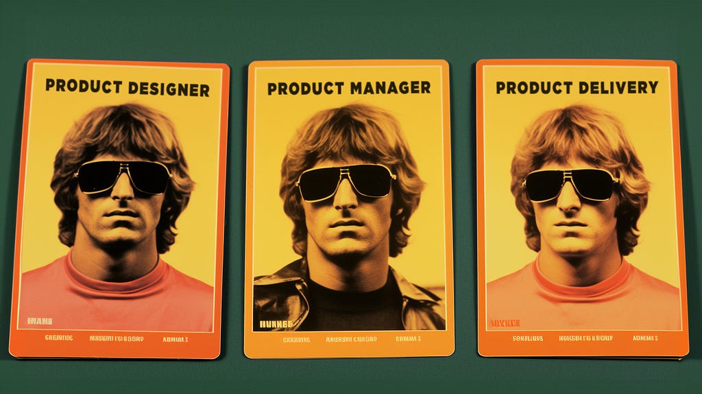 Three Midjourney created football cards showing the same person with the titles: Product Designer, Product Manager, and Product Delivery.