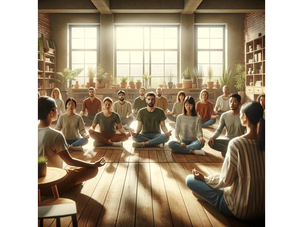 A diverse group engages in meditation in a warmly lit community center, symbolizing the inclusivity and communal journey of local meditation classes.