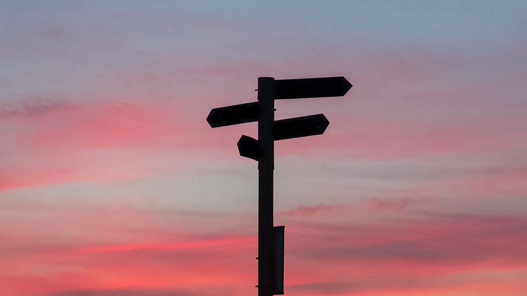A signpost pointing in multiple directions, silhouetted against the sky at sunset