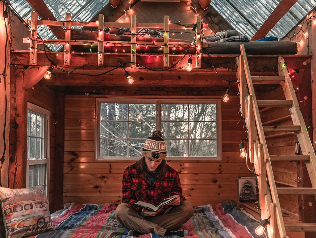 Ethan Abitz in a treehouse.