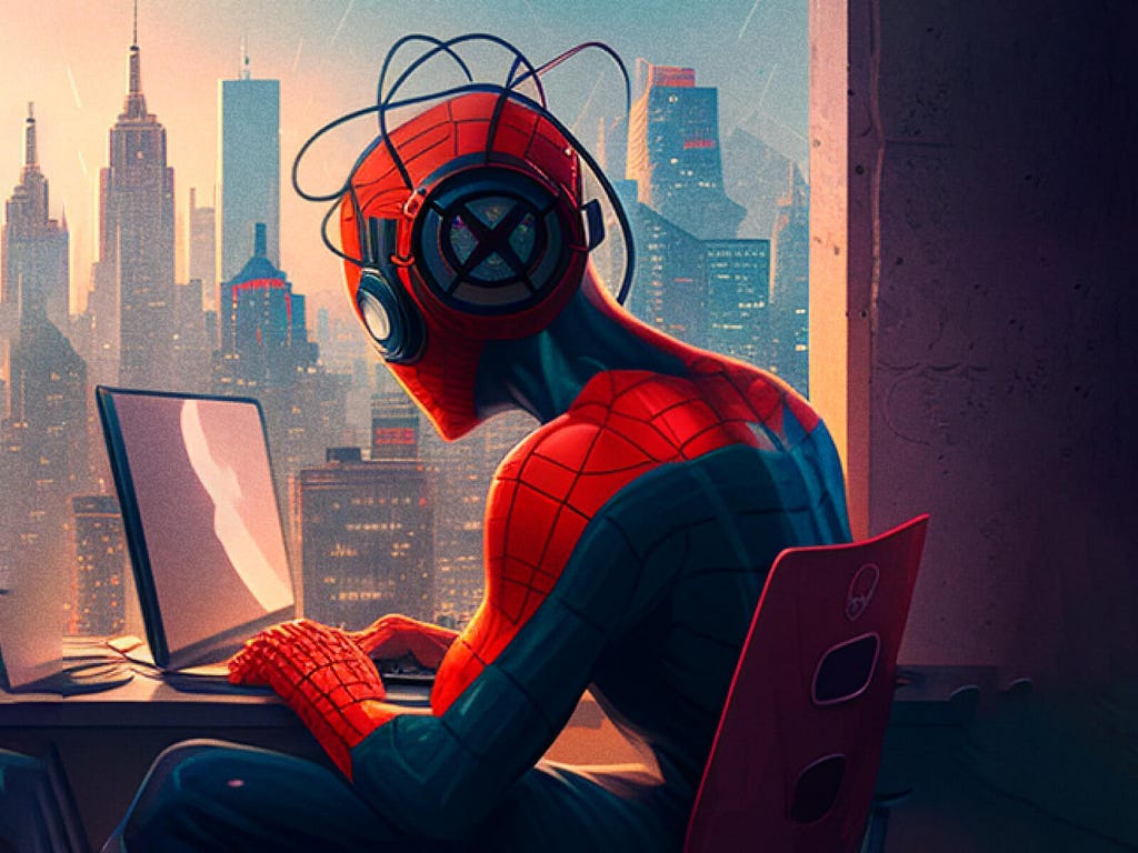 Spiderman with headphones using a computer while sitting next to a window with New York city in the background.