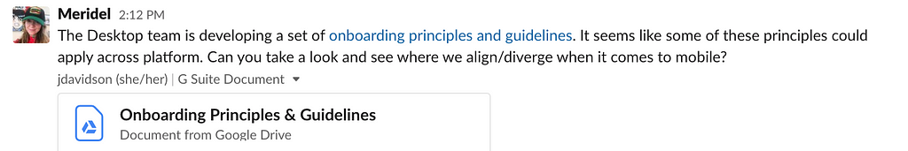 Screenshot of a Slack message about whether desktop onboarding principles align or diverge with mobile.