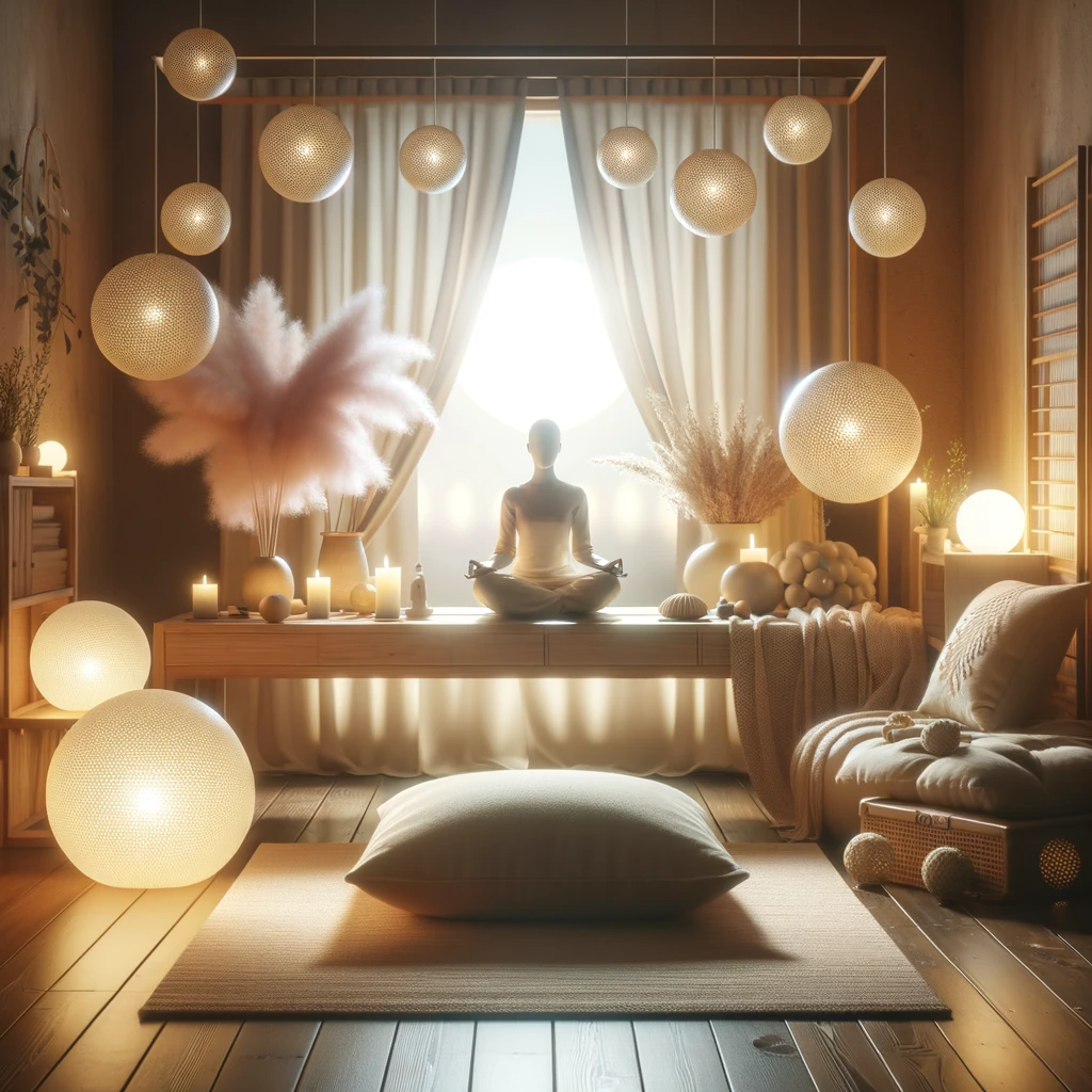 An image showing a serene and tranquil meditation space with soft lighting and calming colors, illustrating the concept of regular meditation for improved focus and stress reduction.