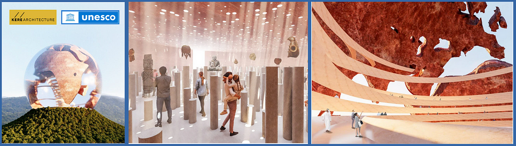 Trois images qui montrent le futur musée de l’UNESCO sous forme d’images virtuelles, une mappemonde, un intérieur de musée avec des visiteurs déambulant autour de piliers supportant des oeuvres d’art et enfin une spirale decouleur chair enveloppant des visiteurs sous un dôme semblant de couleur terre.