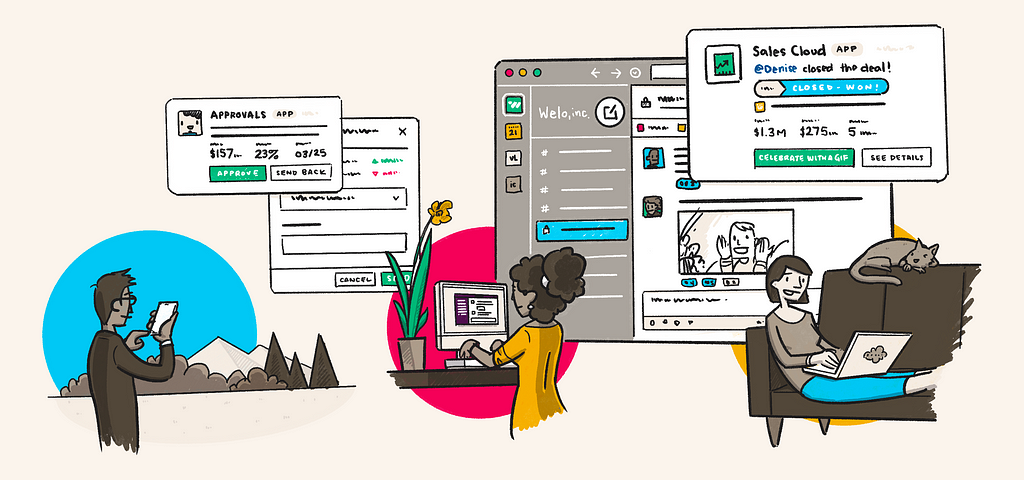 Illustration showing teammates in multiple different locations collaborating on deals through Slack. They use quotes, approvals, and celebrate when they close the deal.