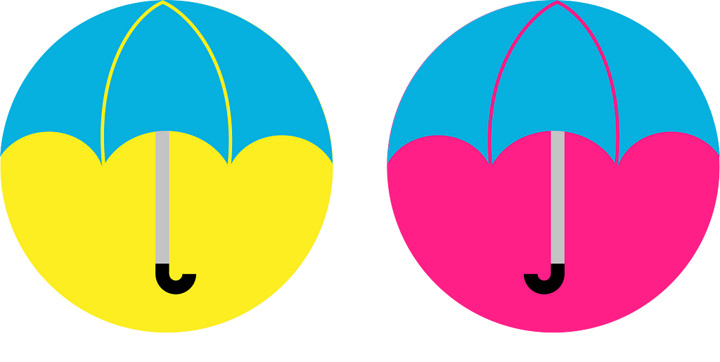 Dois guarda-chuvas azuis, com fundos diferentes. Um dos fundos é amarelo e o outro fundo é rosa.