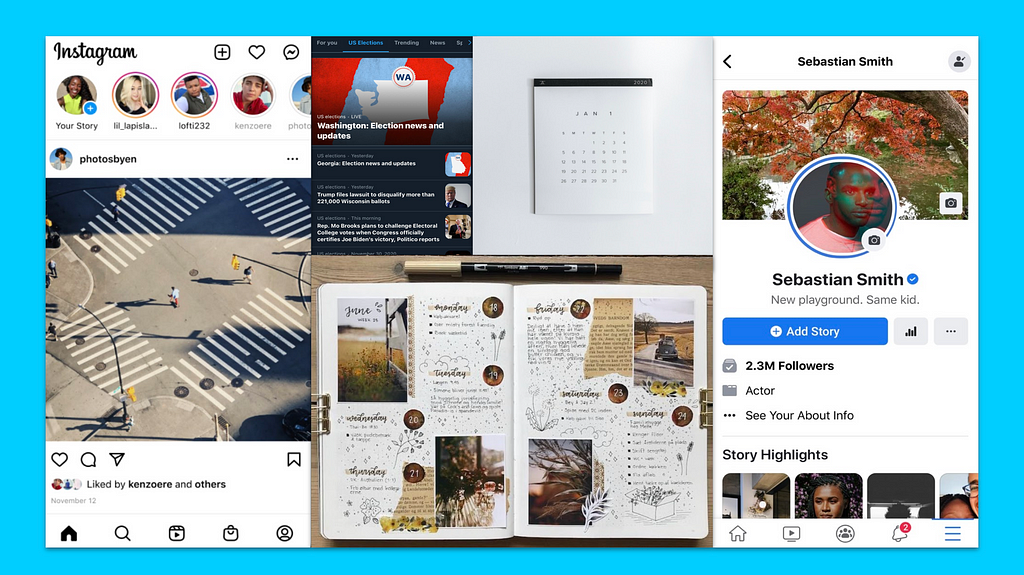 Collage containing screenshots of popular social media sites, scrapbooks, and calendars.