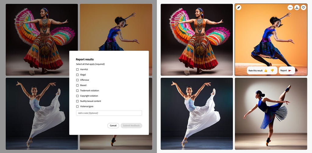 Two sets of the same four generative AI images of young woman dancing. The women, of different ethnicities, are each performing a different type of dance. Superimposed on the group of photographs on the left is a checklist that reads &quot;Report results. Select all that apply (required): Harmful, Illegal, Offensive, Biased, Trademark violation, Copyright violation, Nudity/Sexual content, and Violence/gore,&quot; alongside an empty text field and two buttons that read &quot;Cancel. Submit feedba