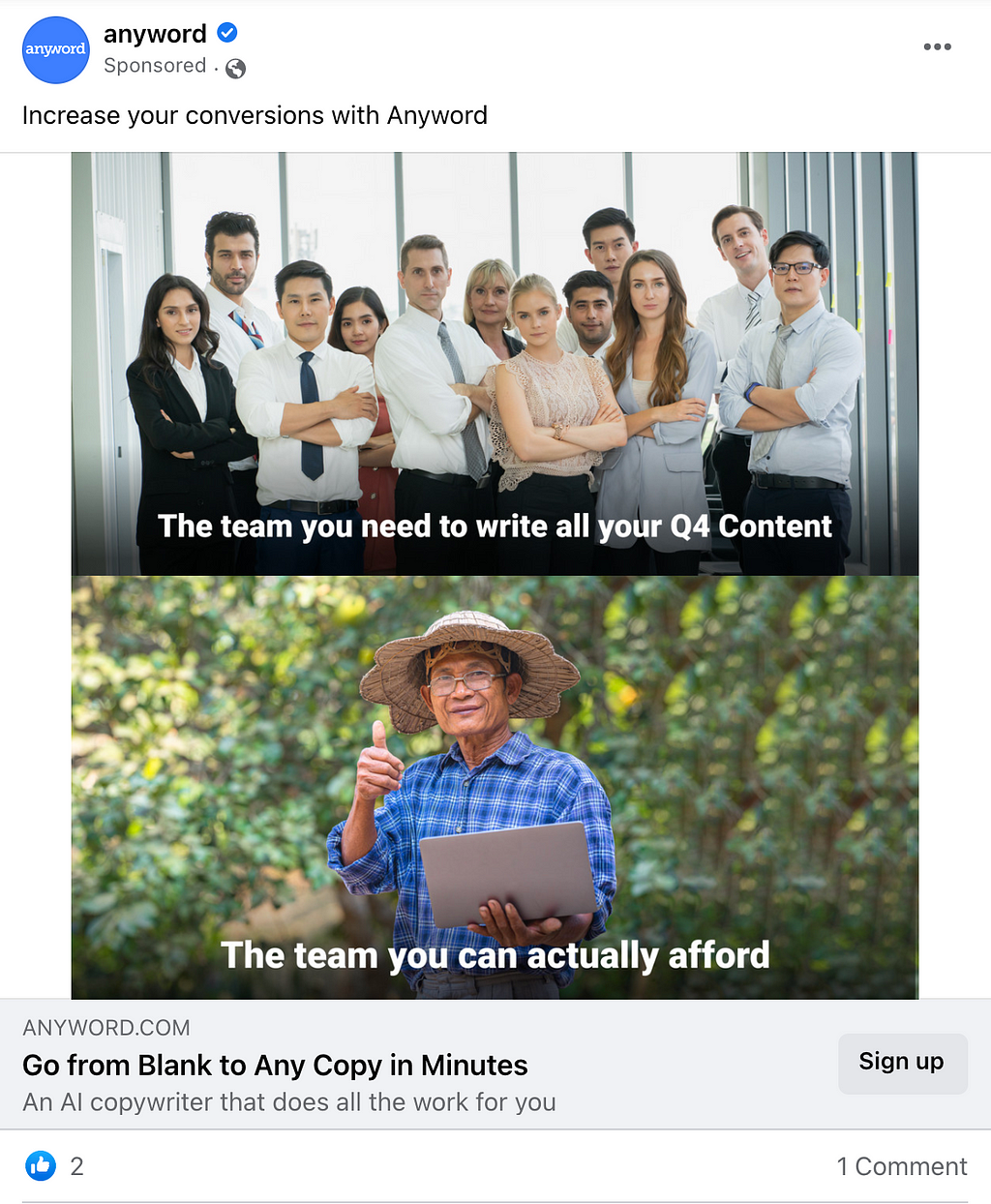 horizontal split screen, on top is a staff photo of young, white and asian people in a professional office setting and text that reads “the team you need to write all your Q4 content; below is an image of an older, indigenous man in a rural setting holding a laptop with text that reads “the team you can afford”