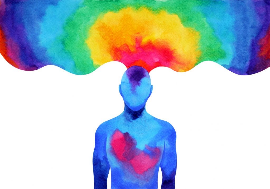 Imagem de uma pessoa colorida de azul, na parte do abdômen a cor é vermelha. De sua cabeça saem um colorido.