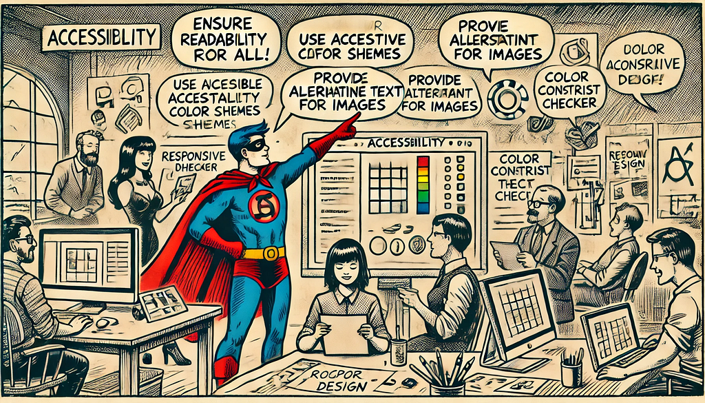 A comic-style image of a design systems designer cosplaying as a super hero, guiding a team on accessibility in design systems, emphasizing that accessibility should not be an afterthought. The scene highlights various accessibility features like color schemes and alternative text.