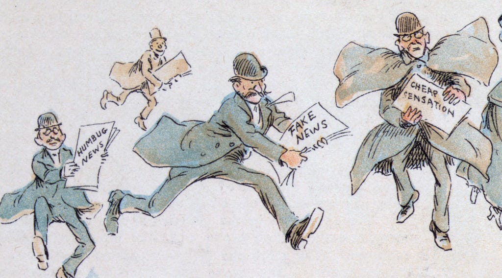 A cartoon image of a man running with a newspaper with “fake news” written on it.