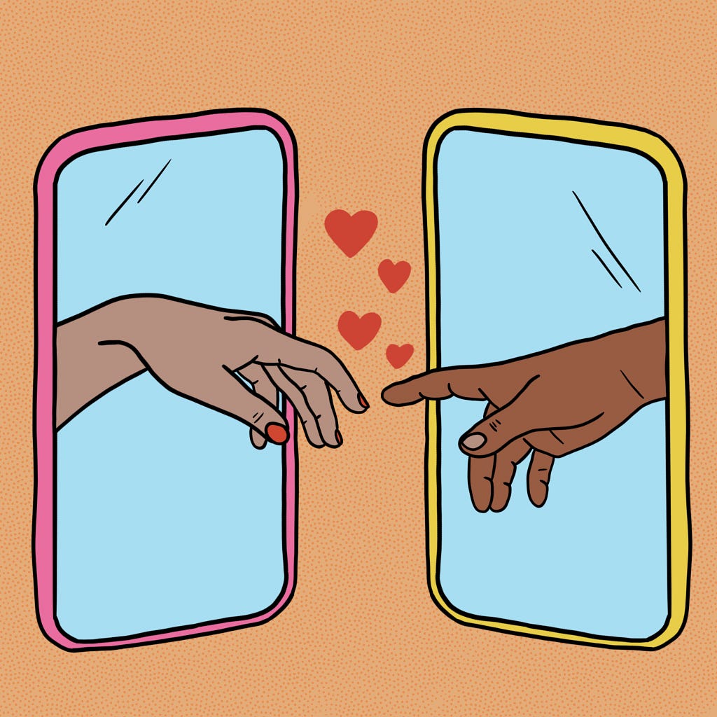 Illustration of two phones. A hand is coming out of each phone reaching for the other hand. There are hearts floating above their fingers.