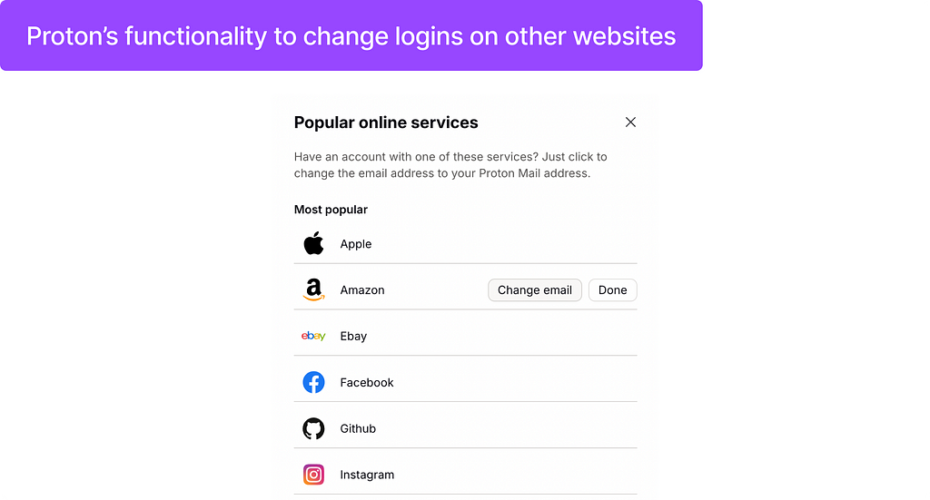 An image is a screenshot of Proton’s functionality for changing logins on other websites, such as Amazon or Instagram.