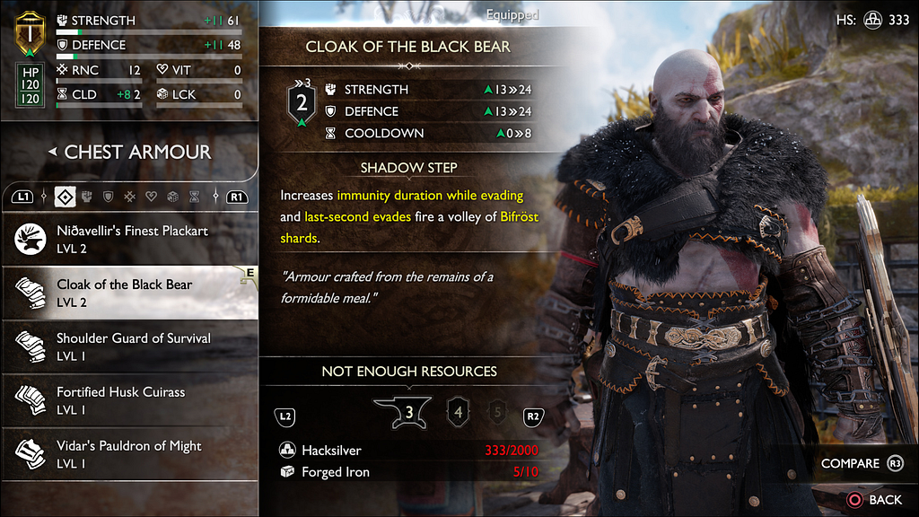 Armor upgrade menu showing stats, required resources for upgrades, and the message “Not Enough Resources.