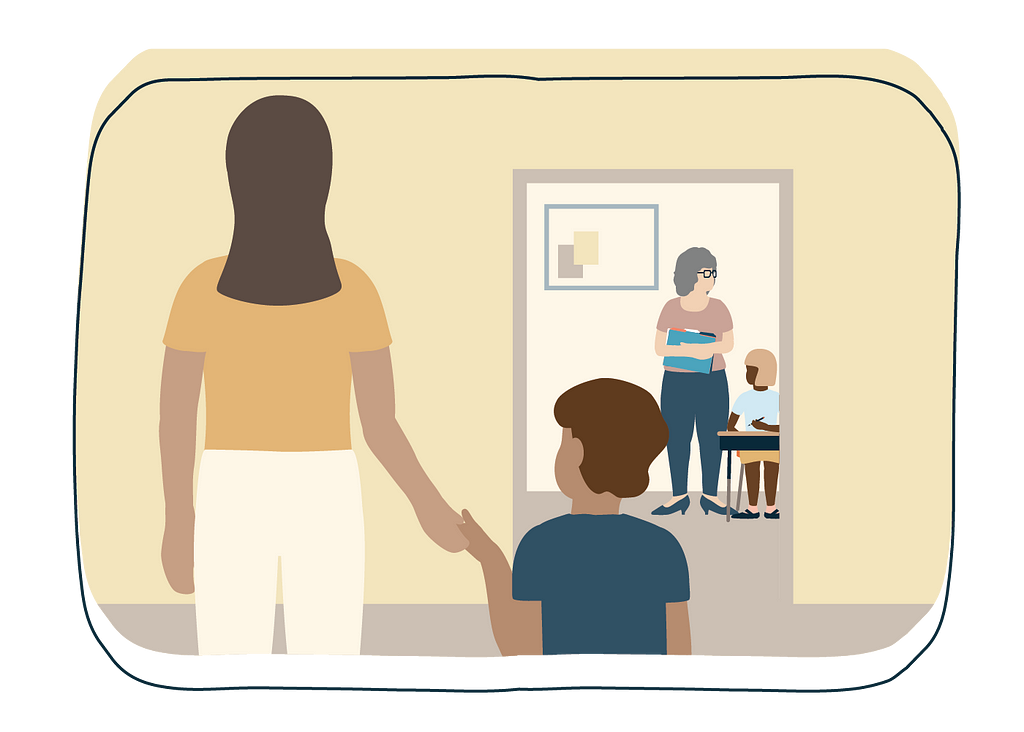 An illustration of a mother and child walking towards a teacher and a student in a classroom.